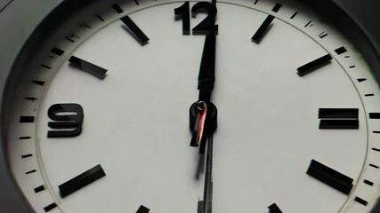 A close-up video of a ticking analog clock with hands moving erratically, slow zoom, and high contrast lighting