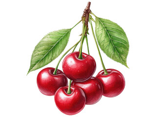 Detailed Illustration of Vibrant Red Cherries with Lush Green Leaves on a White Background
