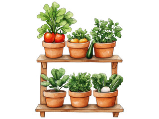 A Vibrant Collection of Fresh Vegetables and Herbs in Charming Terracotta Pots on a Rustic Shelf