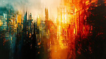 Vibrant digital artwork of a fiery futuristic cityscape, featuring abstract brushstrokes and dramatic colors for an otherworldly scene