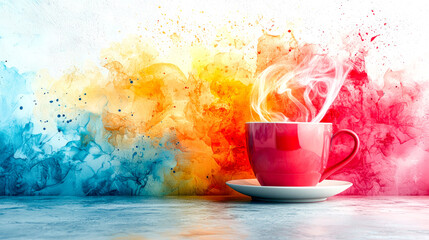 Red cup of steaming drink against colorful background.