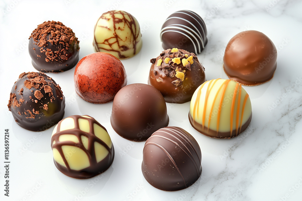 Poster marble countertop with a variety of chocolate truffles on it. the truffles are of different colors a