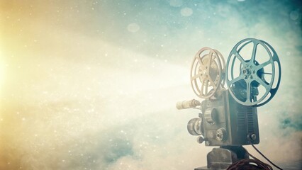 Obraz premium A Vintage Film Projector With Reels Ready to Project Cinematic Magic Onto a Dreamy Background