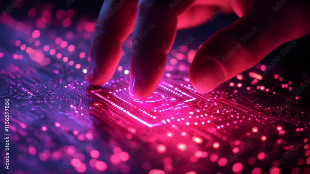 Aufkleber close-up of an engineer's hand activating a glowing microchip on a futuristic circuit board, represe