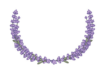 Hand drawn lavender wreath design featuring blooming flowers in shades of purple and green