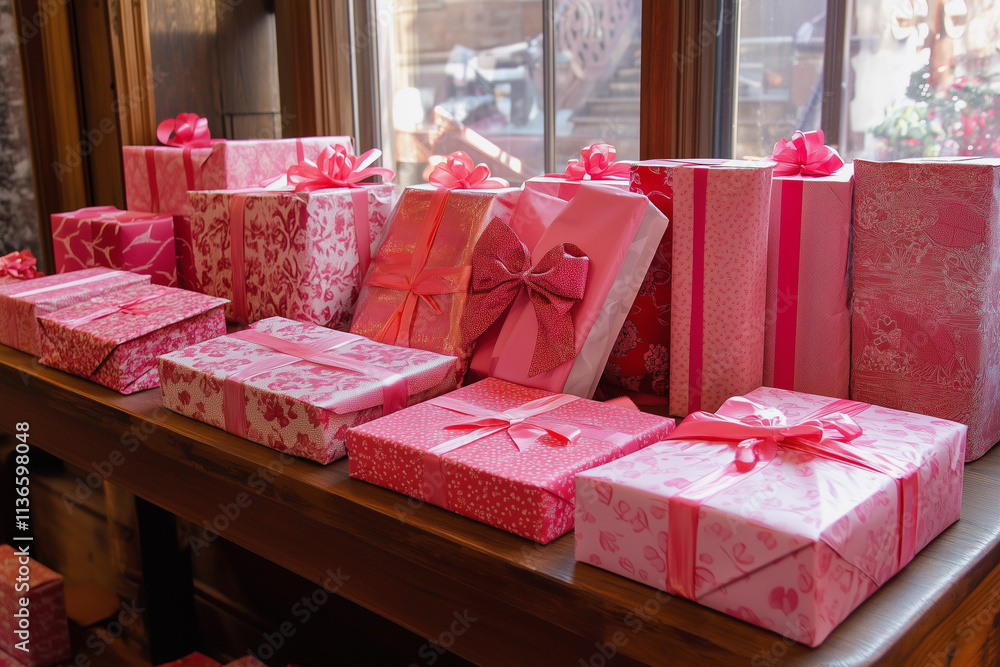 Poster table full of pink boxes with bows on them. the boxes are all different sizes and shapes