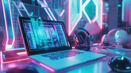 neon lit gaming setup with laptop, headphones, and mouse