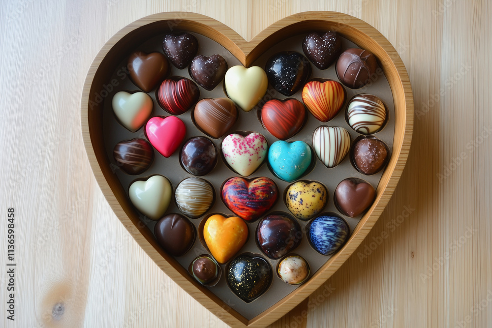 Poster box of chocolates is arranged in the shape of a heart. the chocolates are of different colors and si