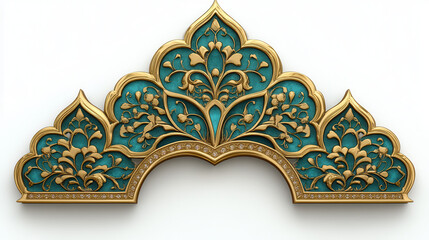 A highly detailed golden Moroccan-style arch with intricate filigree, redesigned in vibrant sapphire blue with emerald green accents, completely separated from a clean white background. The design is 