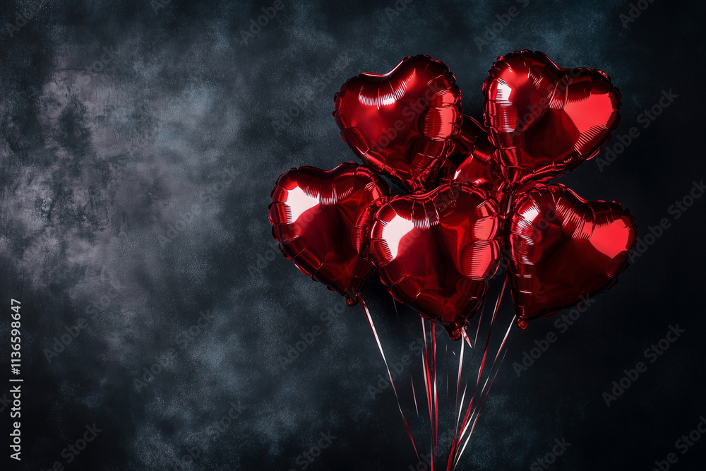 Poster bunch of red balloons with hearts on them are arranged in a row. the balloons are red and shiny, and