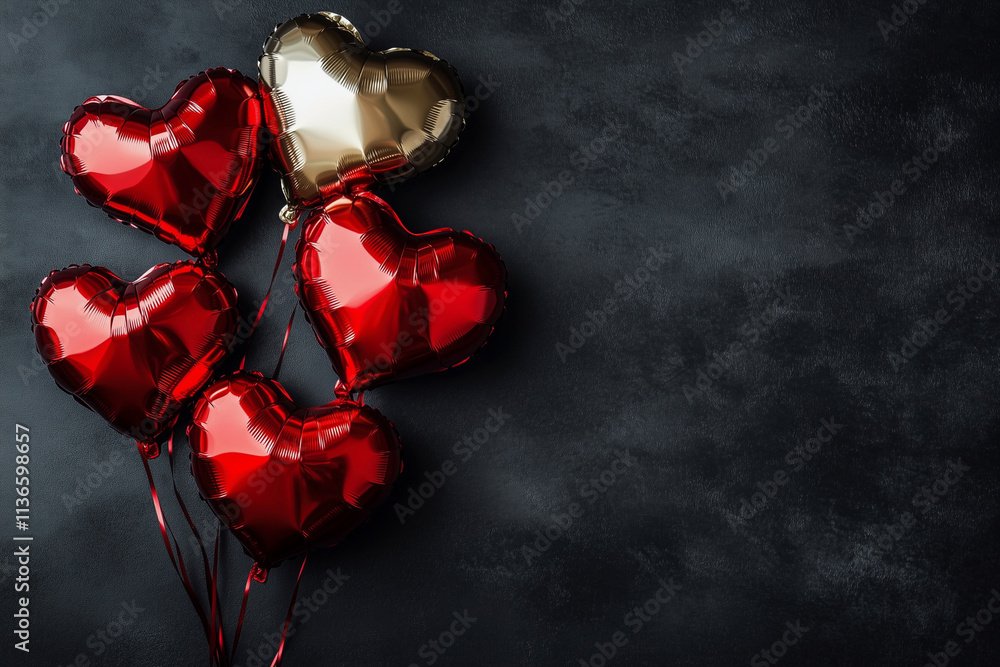 Poster bunch of red balloons with hearts on them are arranged in a row. the balloons are red and shiny, and