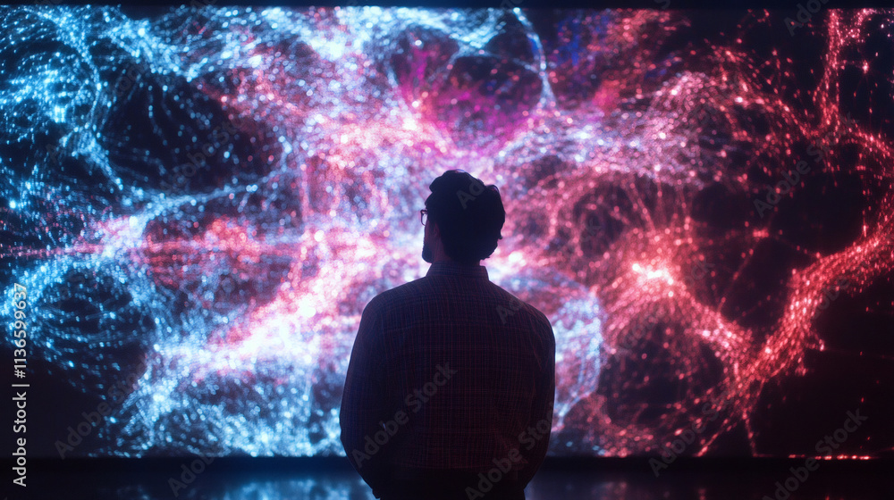 Poster scientist analyzing complex data visualization projected on a large screen, exploring particle physi
