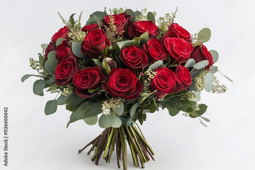 Poster bouquet of red roses is sitting on a table. the roses are arranged in a way that they are all facing