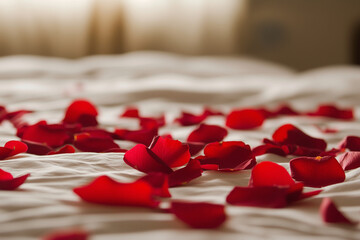 bed with a white sheet and a pile of red rose petals on it. The bed is unmade and the petals are scattered all over the bed. Concept of romance and intimacy