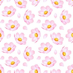 Watercolor illustration of a single isolated pink flower with yellow center on white background. Ideal for fabric, wallpaper, cards, design and decorative use