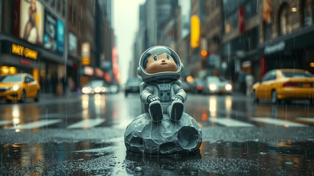 Little cartoon astronaut on a mini moon in the middle of a rainy cityscape, Bright complementary colors. seamless looping 4k video background animation