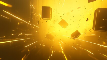 Abstract yellow shapes with glowing light lines and particles