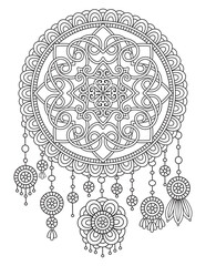 Adult coloring page with dreamcatcher with feathers and flowers. Native American Indian talisman. Black and white doodle ornament. Isolated on white background. Ethnic design. Vector illustration