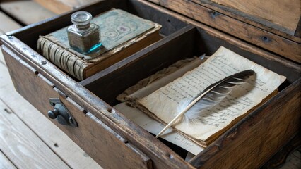 A Wooden Drawer Holds Secrets, Revealing Handwritten Notes and a Quill Pen Alongside an Antique Glass Inkwell and a Bound Book