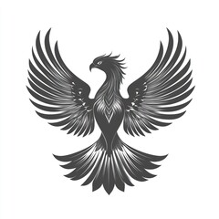 Obraz premium Majestic grayscale phoenix with wings spread wide, isolated on white background.