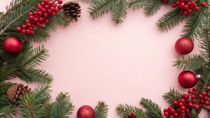 A Festive Christmas Frame of Evergreen Branches, Red Ornaments, and Pine Cones on a Pastel Pink Background