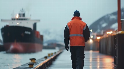 dockworker walking away from cargo ship