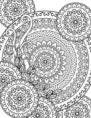 Floral mandala pattern in black and white. Adult coloring book page with flowers and mandalas. Oriental pattern, vintage decorative elements. Hand drawn vector illustration