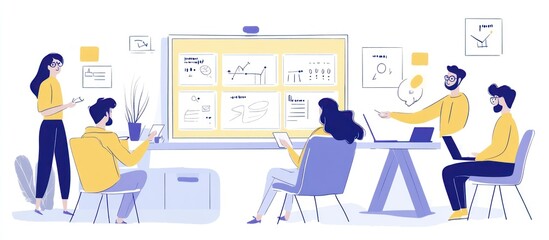 Team brainstorming ideas on a digital whiteboard during a meeting.