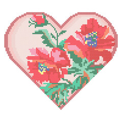 Cross Stitch Floral Heart Embroidered Flowers Ornament