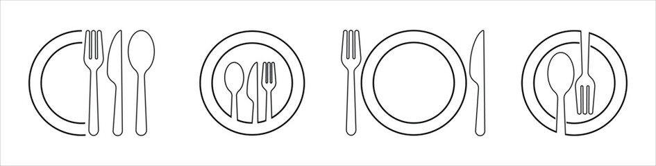 spoon, Fork, knife and plate icon set in line, menu logo, Silhouette of cutlery.