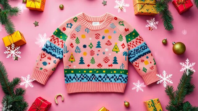 A Christmas sweater design for kids, featuring colorful patterns on a pastel background.