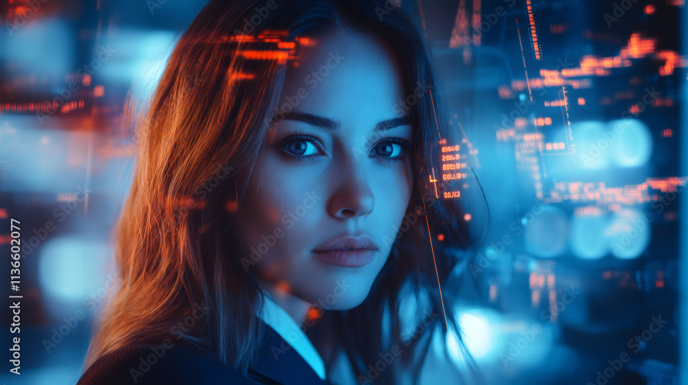 Leinwandbilder Businesswoman utilizing futuristic head-up display to analyze holographic data while working on innovative digital project