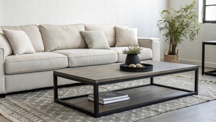 A modern living room with a beige sofa, a black coffee table with a wooden top and a lower shelf, a patterned rug, and a potted plant