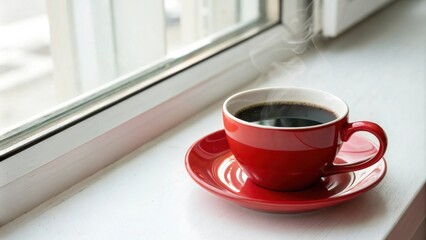 A steaming cup of coffee resting on a red saucer sits on a windowsill, bathed in soft light.
