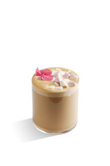 A close up of a coffee cup with marshmallows on a white background