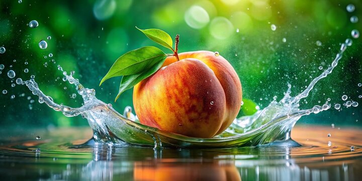 Peaches Falling Water Leaves, Summer Fruit Splash, Juicy Peach Photography,  Water Droplets,  Nature Still Life