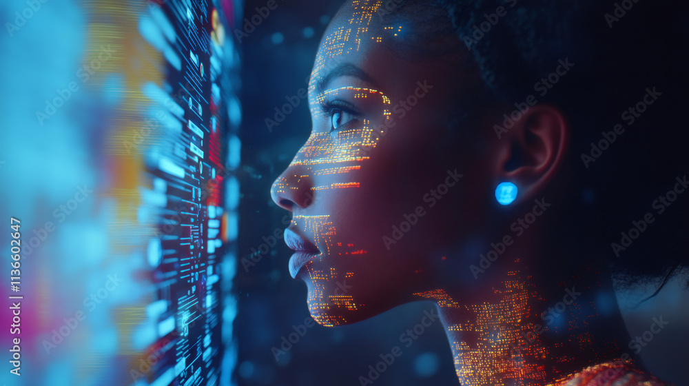 Poster woman with code projected on her face analyzing data stream in futuristic cyberspace environment