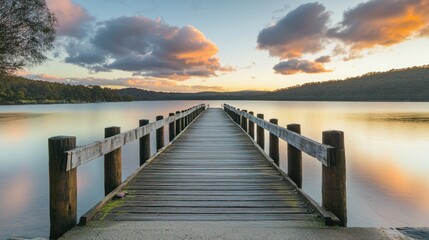 Wooden Pier Extending into Tranquil Lake at Sunset