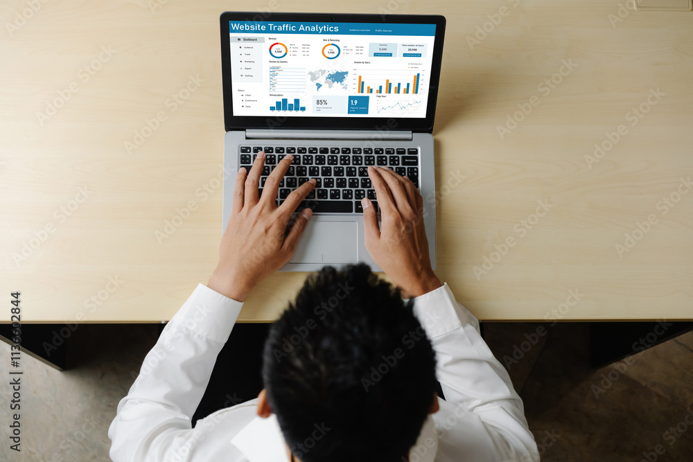 Poster computer software for website traffic analytics data on computer screen. concept of seo search engin