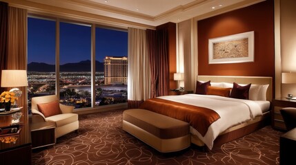 Fototapeta premium luxurious hotel room with stunning city view at night