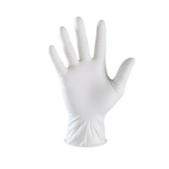 Obraz premium White latex glove on white background: protective medical wear