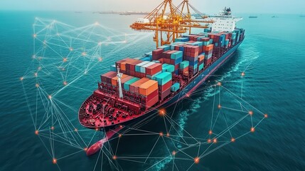 A cargo ship loaded with containers sailing across the ocean, showcasing global trade.