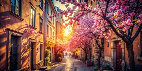 Fototapeta premium Pink Almond Blossom Alley Urban Exploration Photography - Cityscape, Spring, Flowers, Street Photography