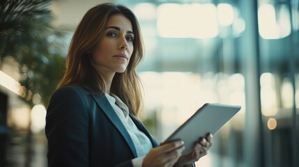 Pensive businesswoman holding tablet in modern office.