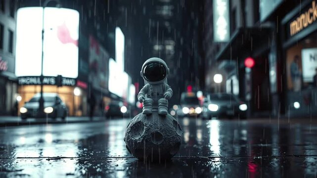 Little cartoon astronaut on a mini moon in the middle of a rainy cityscape, Bright complementary colors. seamless looping 4k video background animation
