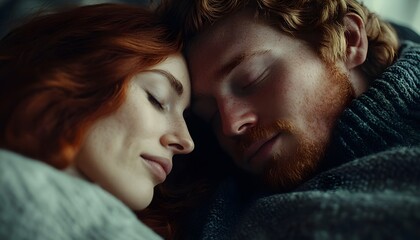 Serene Moment of Love and Intimacy between a Couple Resting Together in a Cozy Atmosphere with Soft Lighting and Textile Comforts