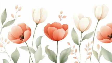 valentine watercolor flowers charming concept, A delicate arrangement of soft, pastel-colored flowers with green leaves, creating a serene and elegant floral design.