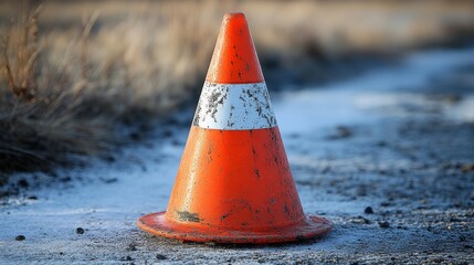 A Worn-Out Traffic Cone on a Frosty Roadside