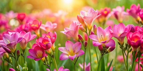 Obraz premium Pink Freesia Flowers Panoramic Photography: Stunning Blooms, Spring Floral Background, Beautiful Pink Freesia Image