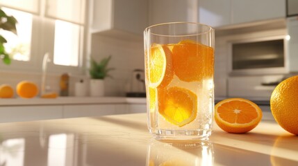 Sunlit kitchen counter with glass of infused water and oranges.